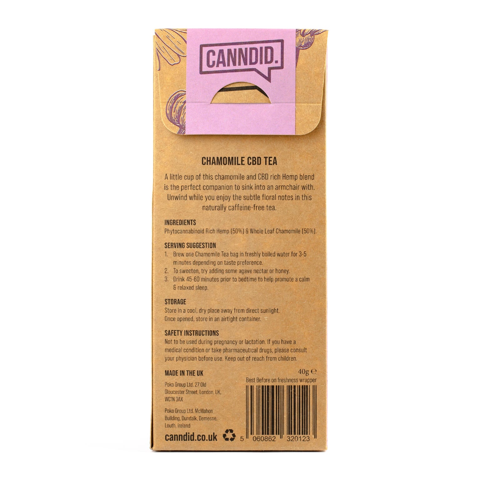 CANNDID Chamomile CBD Tea 15mg 20 pack (back)