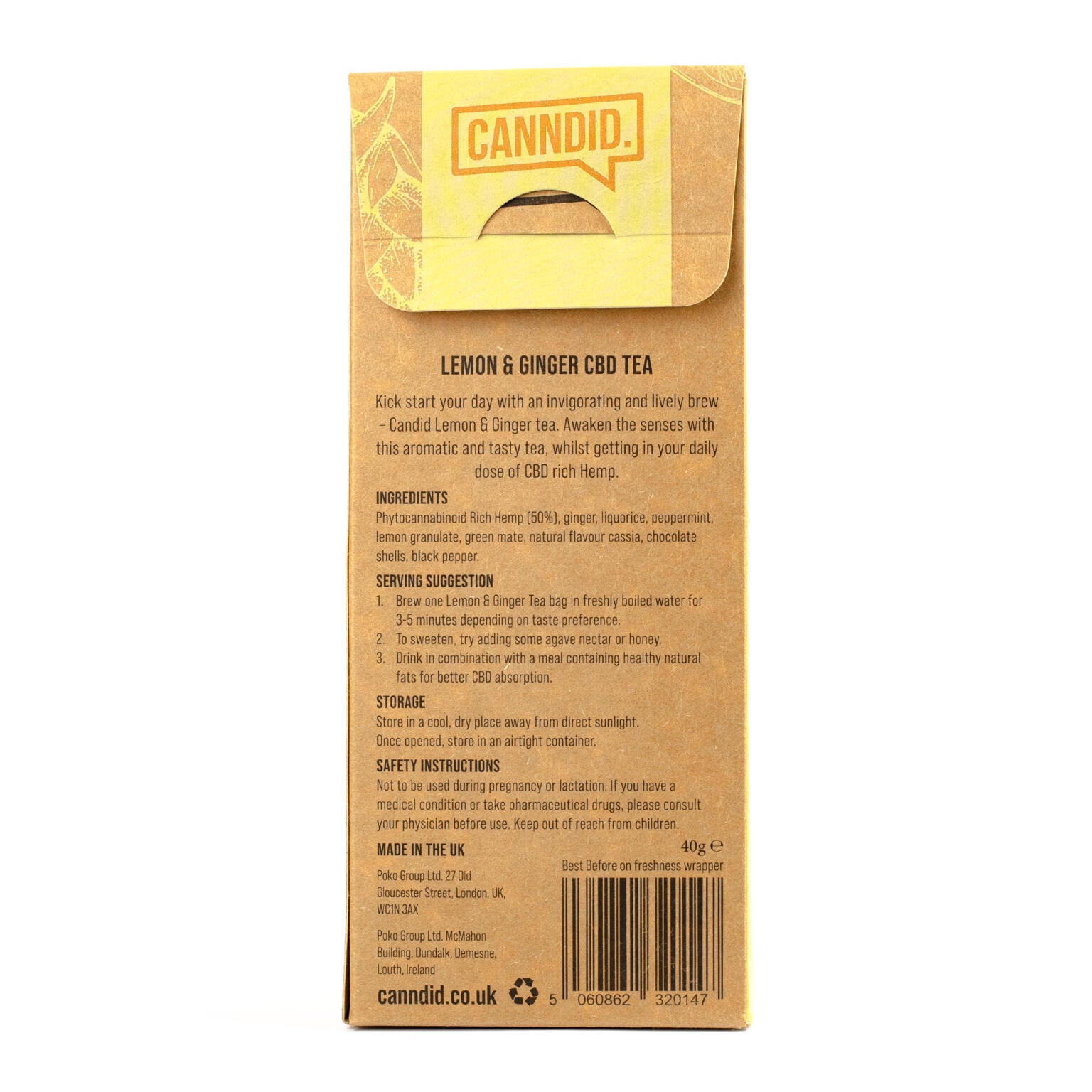 CANNDID Lemon & Ginger CBD Tea 15mg 20 Pack (back)