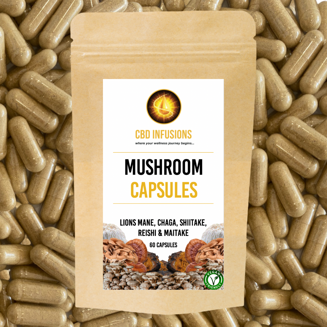 CBD Infusions Mushroom Capsules 60Pack (Mushroom Background)