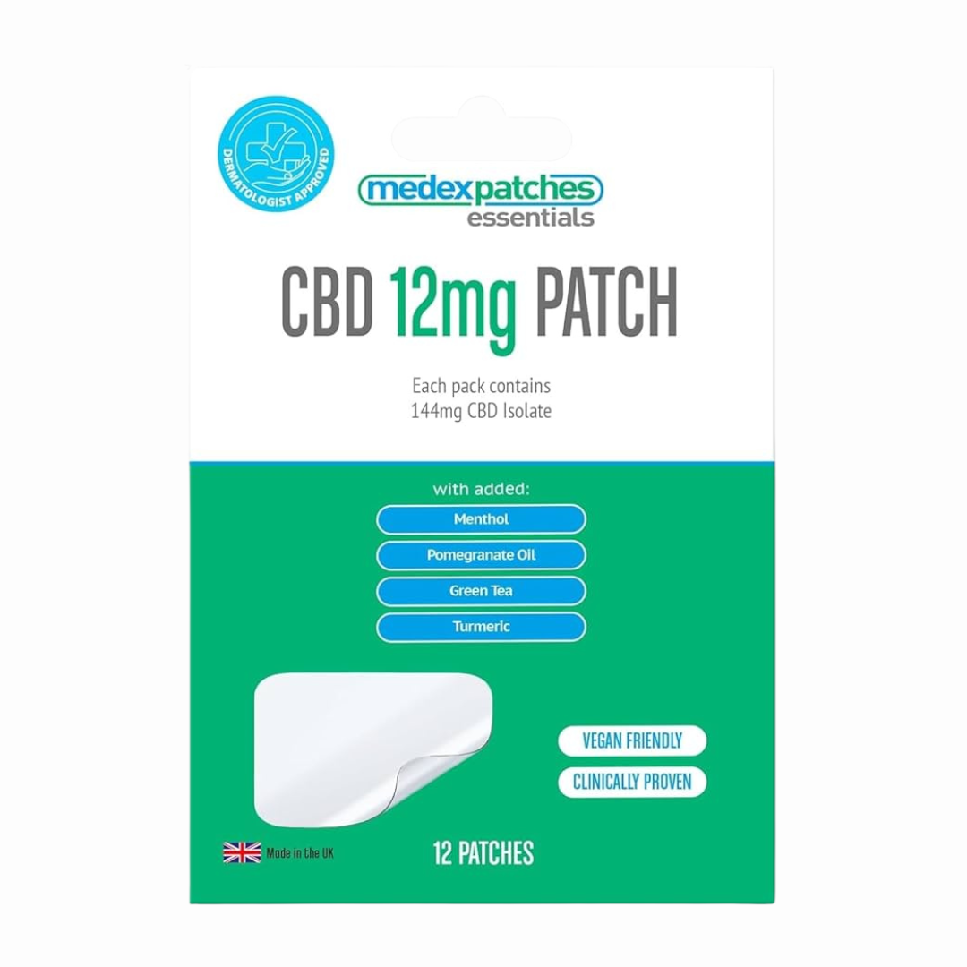 Packaging of CBD 12mg patch by medex patches essentials on a white background